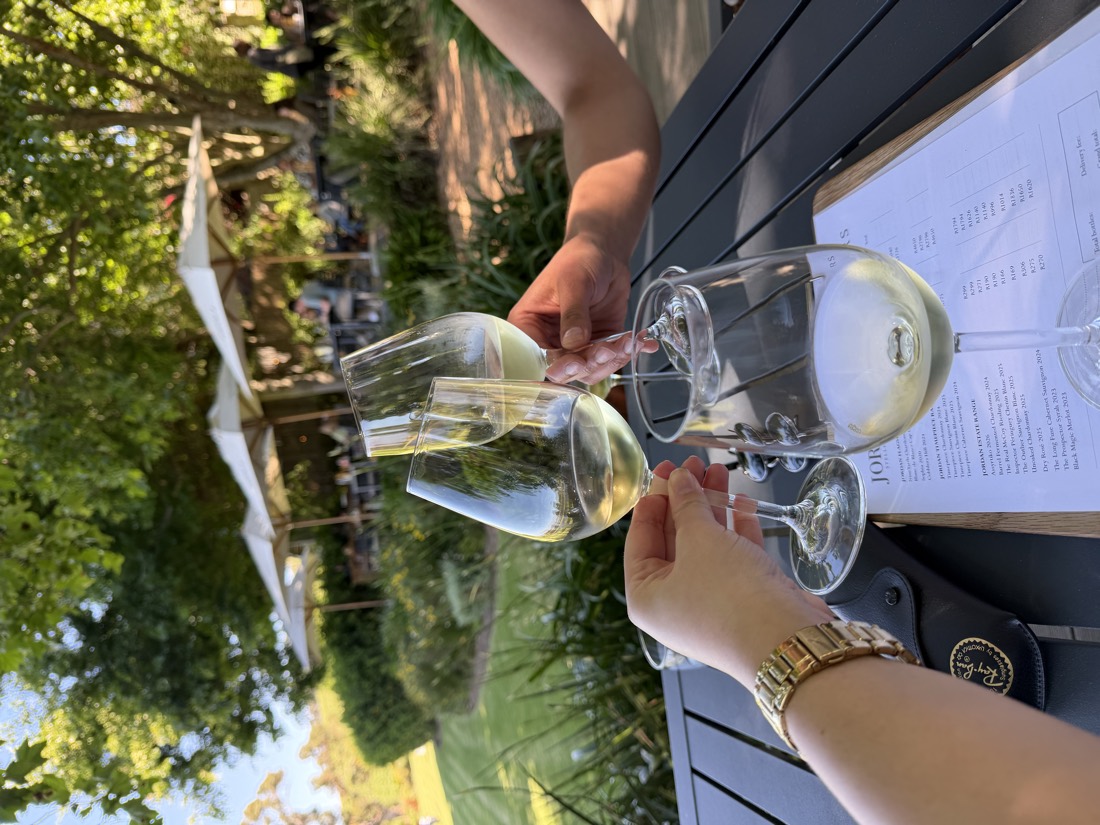 Three wine glasses raised in a toast at a wine farm
